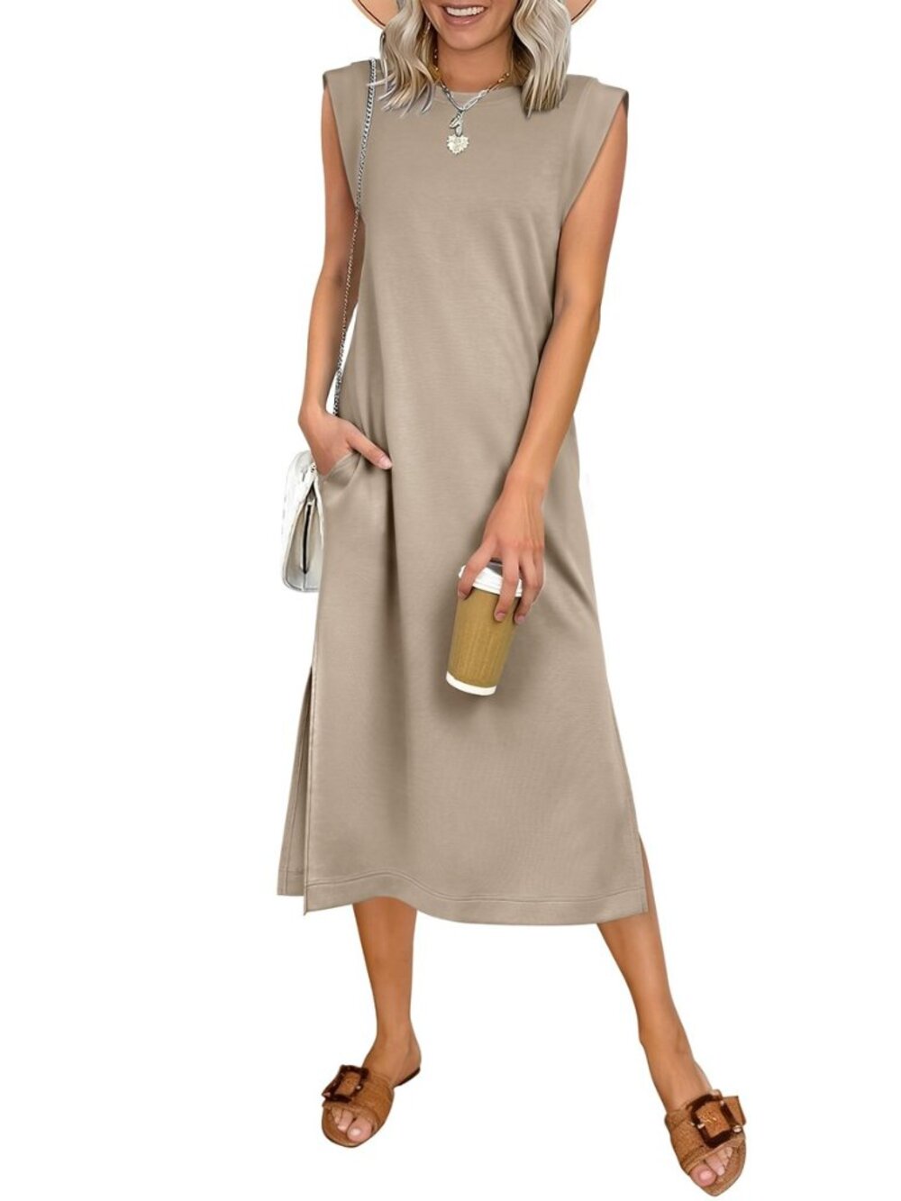 Womens Summer Casual Midi Dress Sleeveless Crewneck Loose Split Wrinkle-Free
